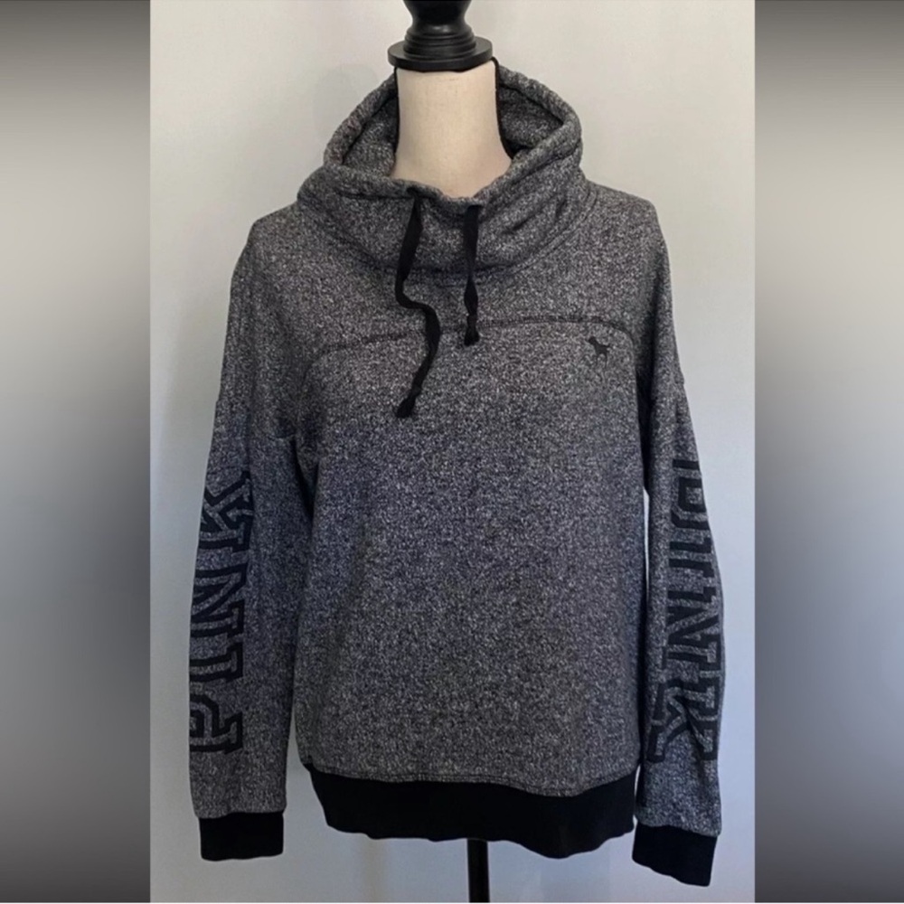 Victoria's Secret Grey Marled Funnel Neck Hoodie with Black Accents